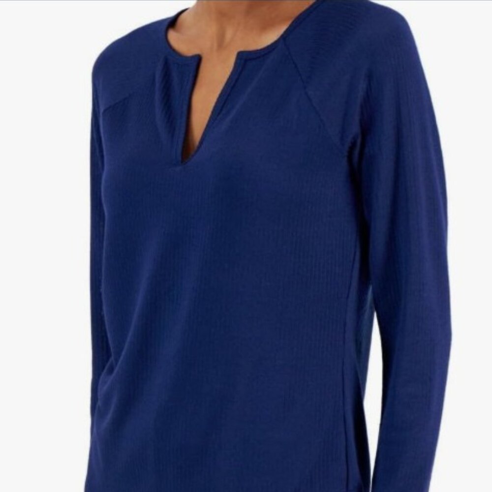 Ribbed Long Sleeve Notch Neck Top Navy Sail Stretchy Knit